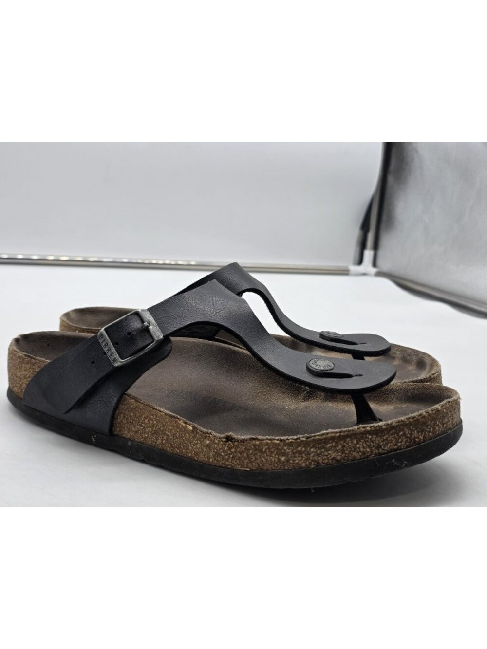 Birkenstock Gizeh Sandals Womens Size 8 39 Black Leather Thong Cork Damage Shoes